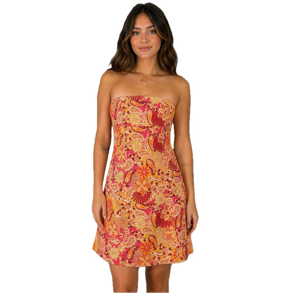 Y2K VINTAGE Doki Geki LA Arts District Paisley Floral Strapless Mini Dress USA L